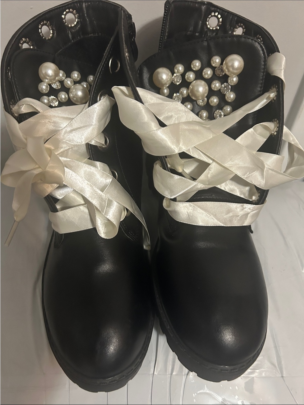 Women’s Black Pearl-Embellished Lace-Up Combat Boots NWOB
